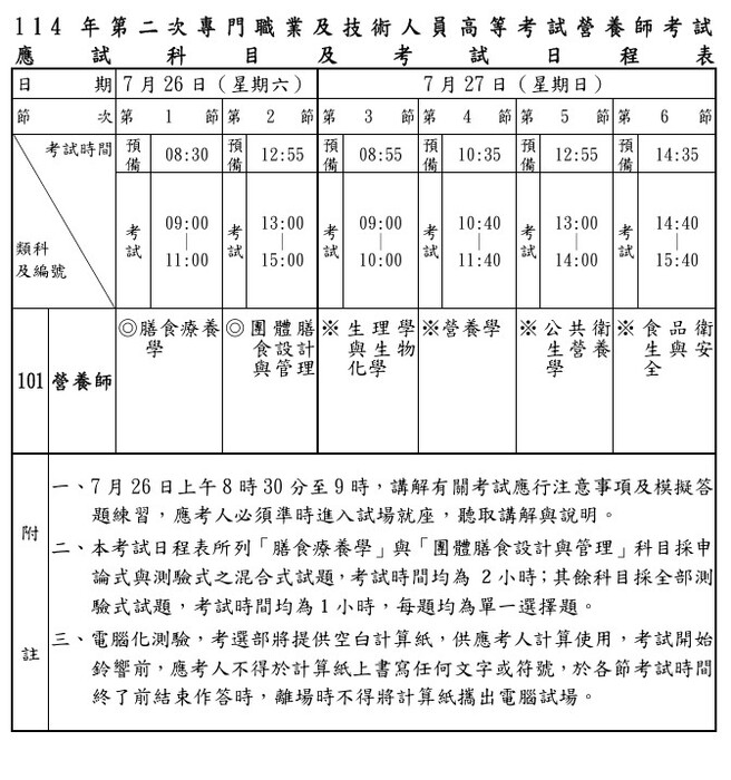 國考日程表